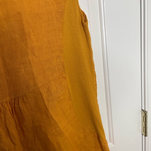 100% LINO Mustard Yellow Short Sleeve linen embroidered Dress with pockets | L - Picture 7 of 11